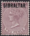 Click for more photos and details Gibraltar 1886 QV Overprint on Bermuda 2d Purple-Brown Mint SG3 cat £140