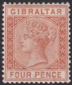 Click for more photos and details Gibraltar 1887 QV 4d Orange-Brown Mint SG12 cat £90