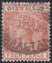 Click for more photos and details Gibraltar 1887 QV 4d Orange-Brown Used SG12 cat £95