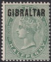 Click for more photos and details Gibraltar 1886 QV Overprint on Bermuda ½d Dull Green Mint SG1 cat £23
