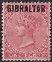Click for more photos and details Gibraltar 1886 QV Overprint on Bermuda 1d Rose-Red Mint SG2 cat £85