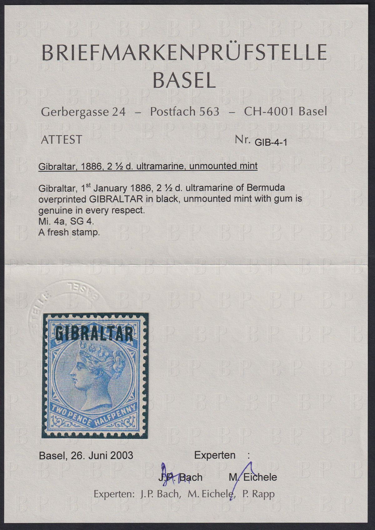Gibraltar 1886 QV Overprint on Bermuda 2½d Ultramarine Mint SG4 cat £200 w cert