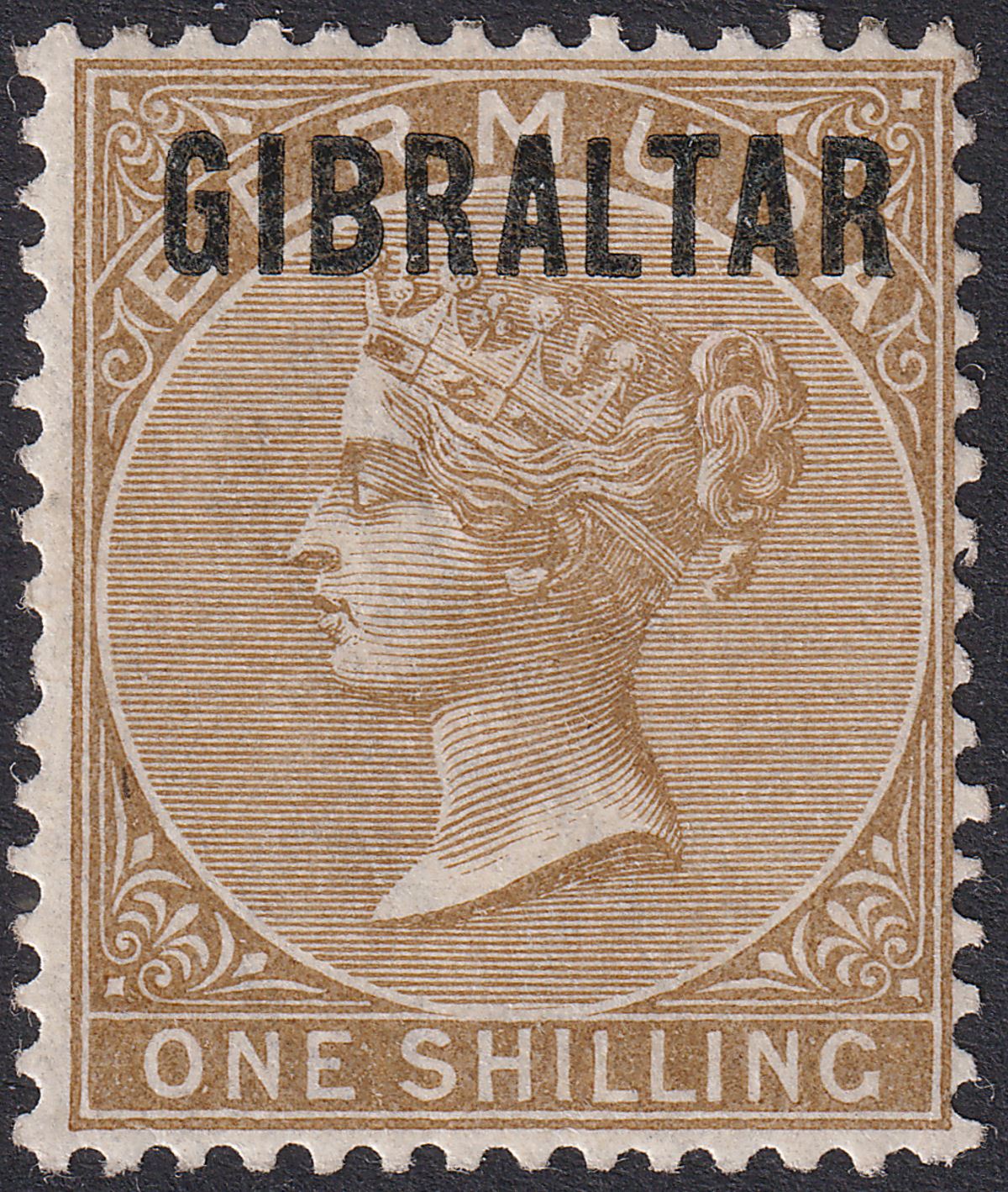 Gibraltar 1886 QV Overprint on Bermuda 1sh Yellow-Brown Mint SG7 cat £550 w cert