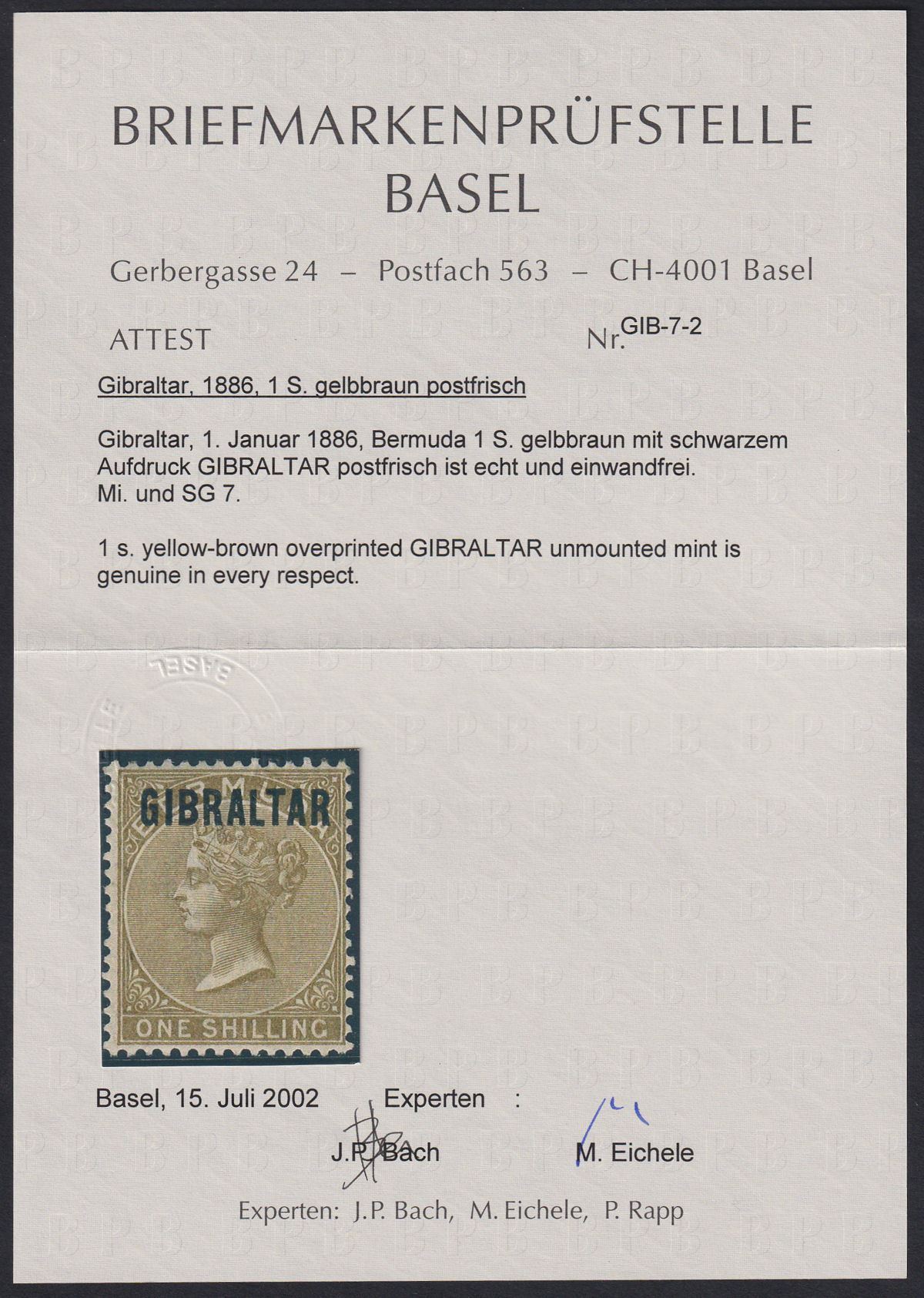 Gibraltar 1886 QV Overprint on Bermuda 1sh Yellow-Brown Mint SG7 cat £550 w cert