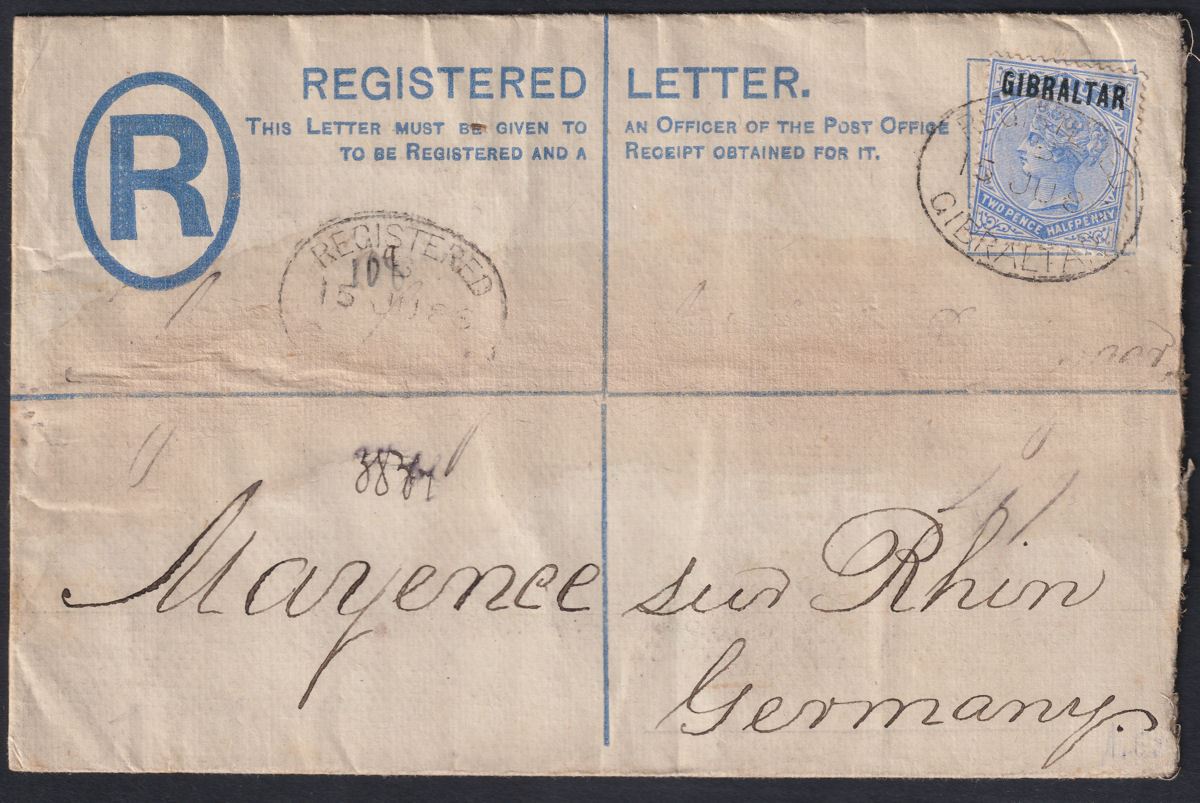 Gibraltar 1886 QV Opt Bermuda 2½d Uprating 2d Reg PS Envelope Used SG4 - Germany