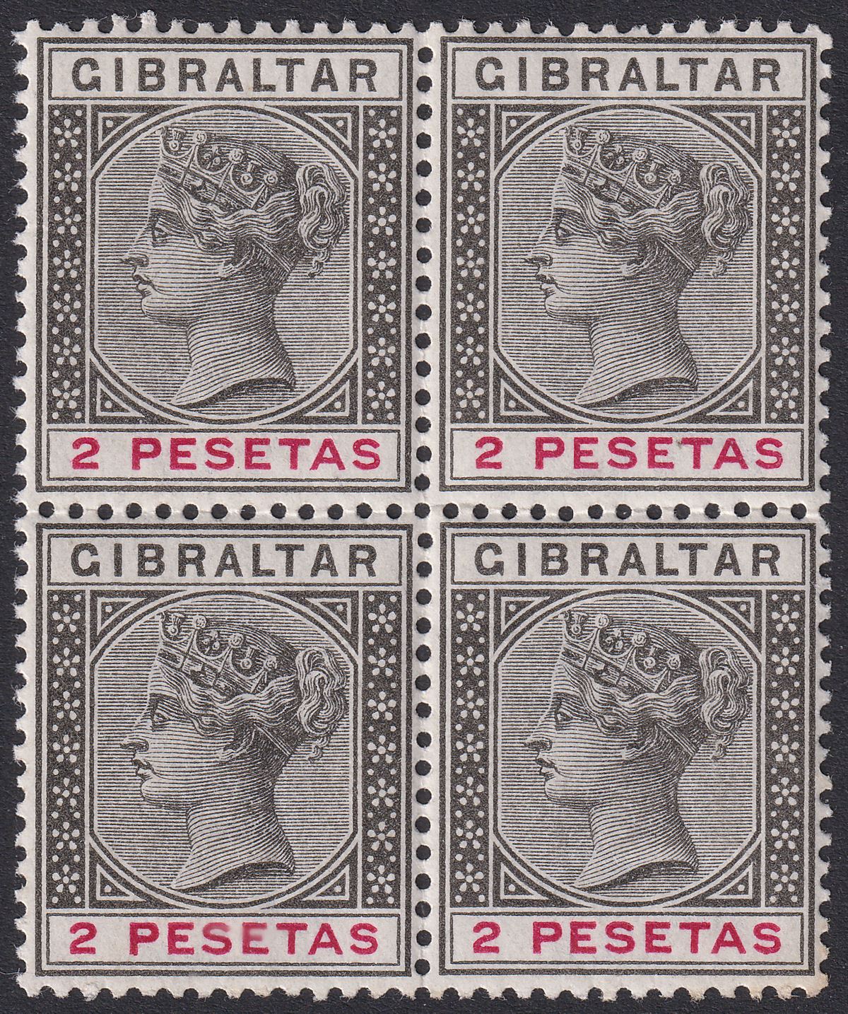 Gibraltar 1896 QV 2p Black and Carmine Block of 4 Mint SG32 cat £60