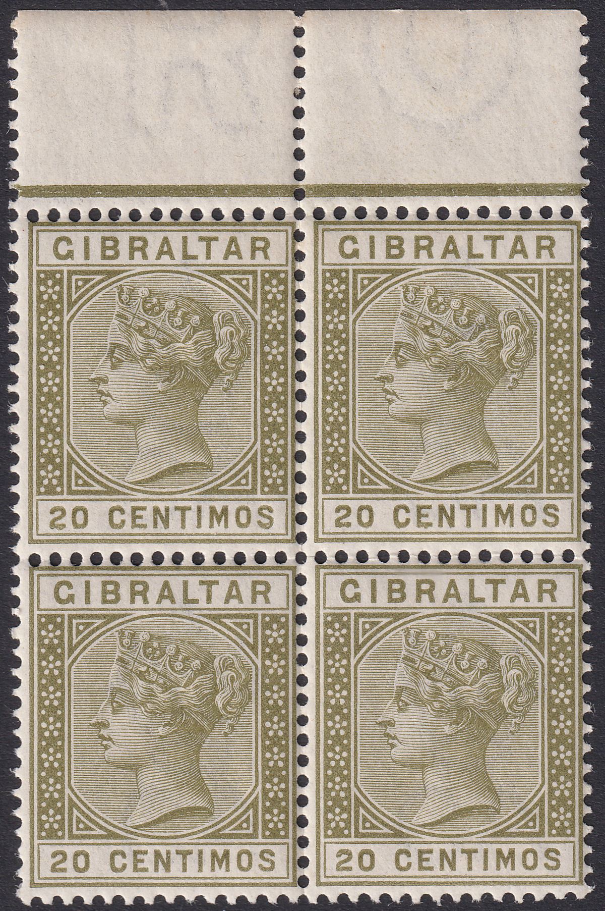 Gibraltar 1896 QV 20c Olive-Green Marginal Block of 4 Mint SG25 cat £72