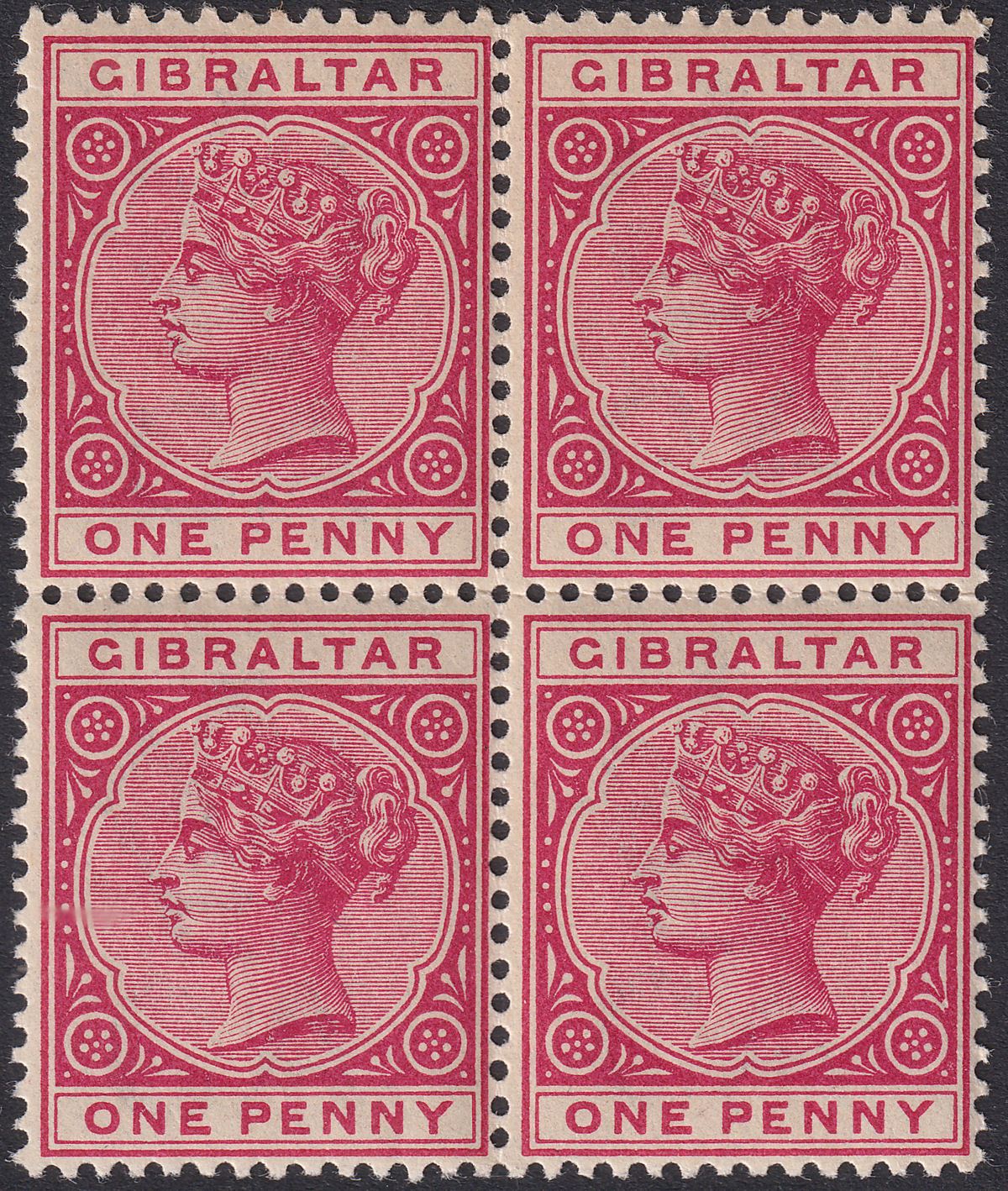 Gibraltar 1887 QV 1d Rose Block of 4 Mint SG9 cat £200