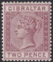 Click for more photos and details Gibraltar 1886 QV 2d Brown-Purple Mint SG10 cat £35