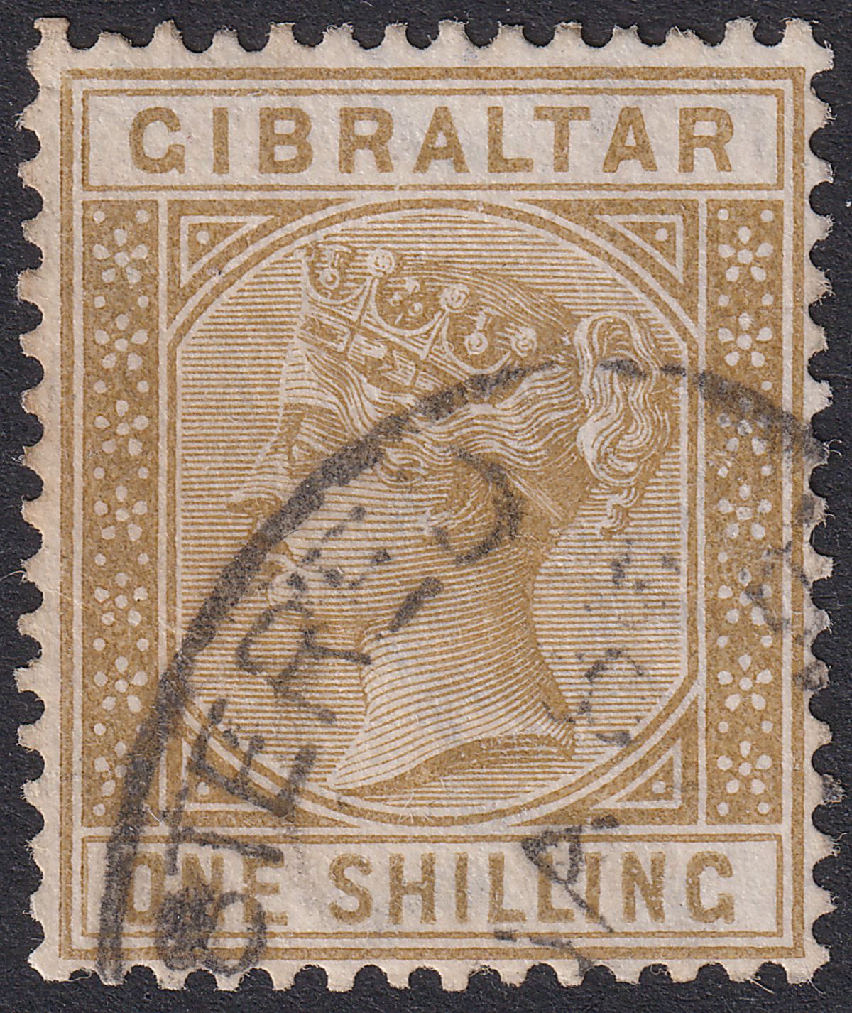 Gibraltar 1887 QV 1sh Bistre Used SG14 cat £250 light tones