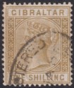 Click for more photos and details Gibraltar 1887 QV 1sh Bistre Used SG14 cat £250 light tones