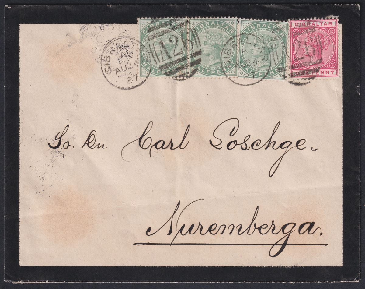 Gibraltar 1887 QV ½d x3 + 1d Used on Cover to Germany SG8 SG9