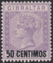 Click for more photos and details Gibraltar 1889 QV 50c Surcharge on 6d Brt Violet Var Short Foot Mint SG20a c£180