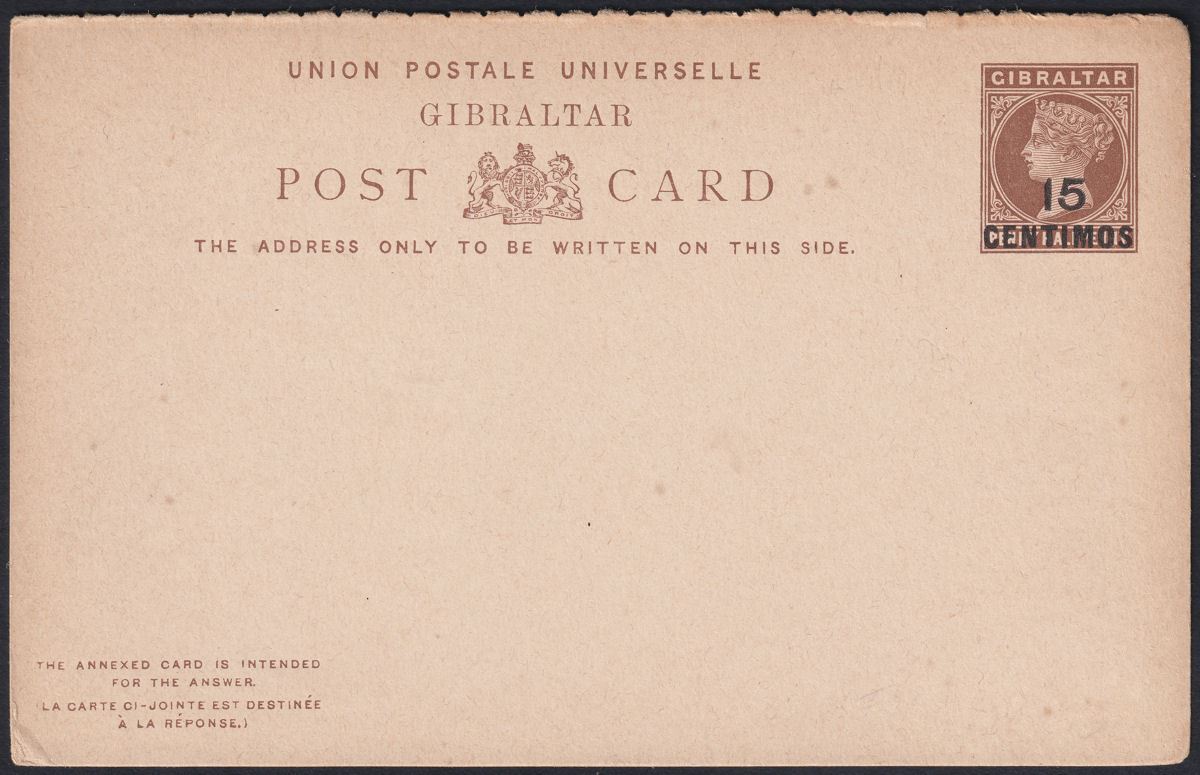Gibraltar 1889 QV 15c Surcharge on 1½d Brown Postal Stat Reply Postcard Unused