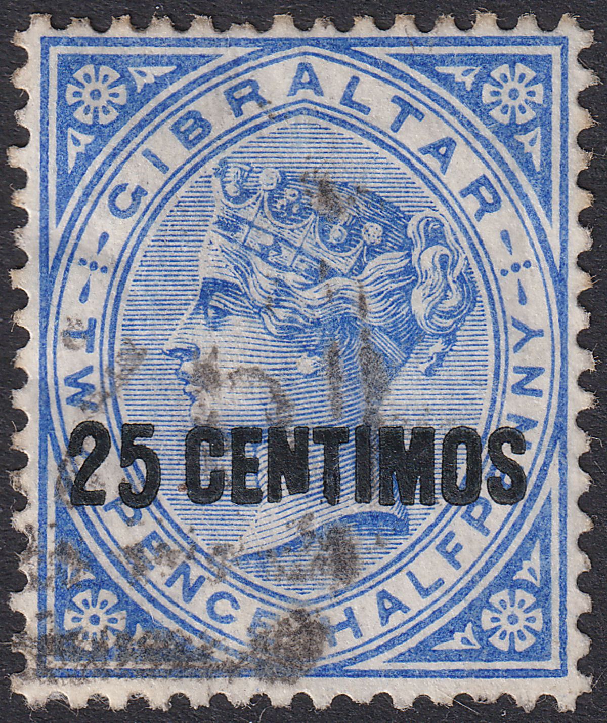 Gibraltar 1889 QV 25c Surcharge on 2½d Bright Blue Var Broken N Used SG18b c£100