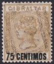 Click for more photos and details Gibraltar 1889 QV 75c Surcharge on 1sh Bistre Used SG21 cat £75