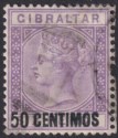 Click for more photos and details Gibraltar 1889 QV 50c Surcharge on 6d Bright Violet Used SG20 cat £85