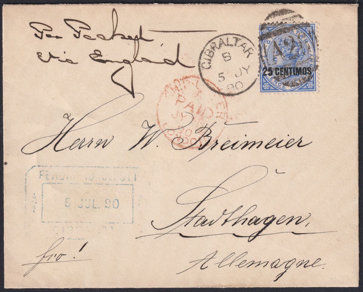 Gibraltar 1890 QV 25c Surcharge on 2½d Bright Blue Used on Cover to Germany
