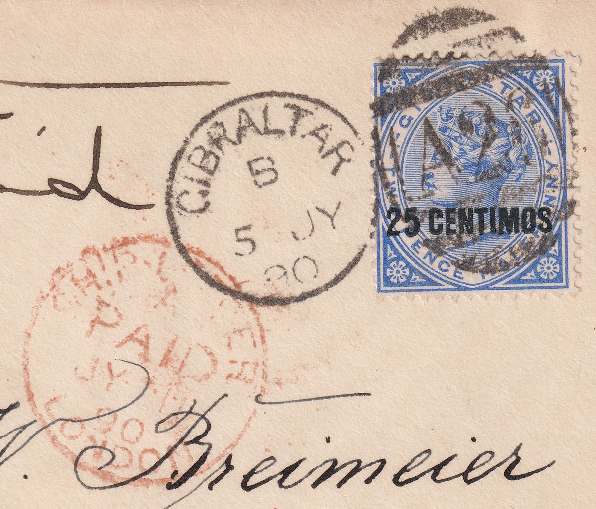 Gibraltar 1890 QV 25c Surcharge on 2½d Bright Blue Used on Cover to Germany
