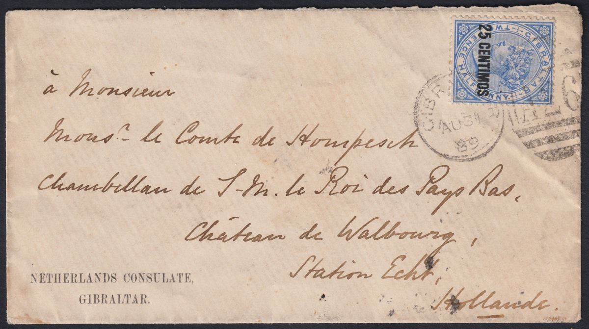 Gibraltar 1890 QV 25c Surch on 2½d Blue Used on Consulate Cover to Holland