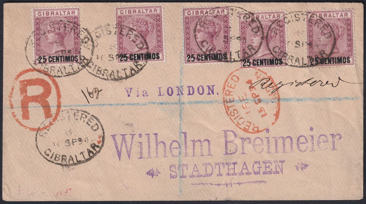 Gibraltar 1894 QV 25c Surch on 2d x5 Used SG17 on Registered Cover to Germany