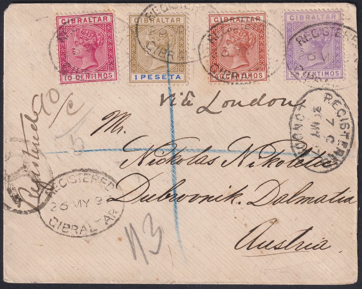 Gibraltar 1897 QV 10c, 40c, 50c, 1p Used on Registered Cover - Dubrovnik Austria