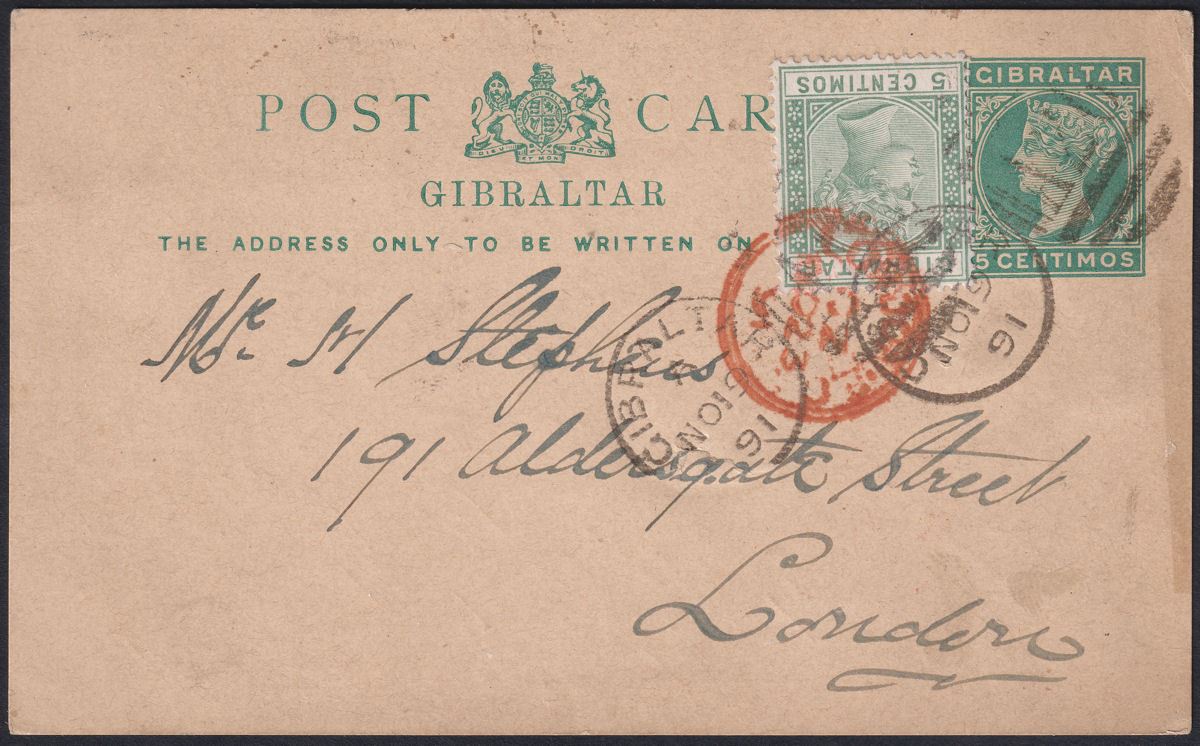 Gibraltar 1891 QV 5c Uprating 5c Postal Stationery Postcard Used to London