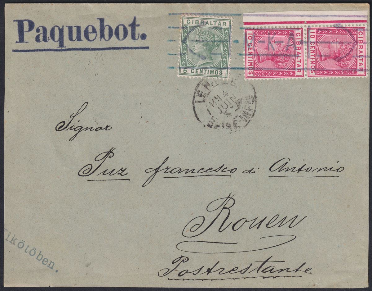 Gibraltar 1898 QV 5c + 10c Pair Used on Hungarian Paquebot P Cover - Rouen M-K-A