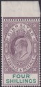 Click for more photos and details Gibraltar 1903 KEVII 4sh Dull Purple + Green Marginal UM Mint SG53 cat £150 MNH