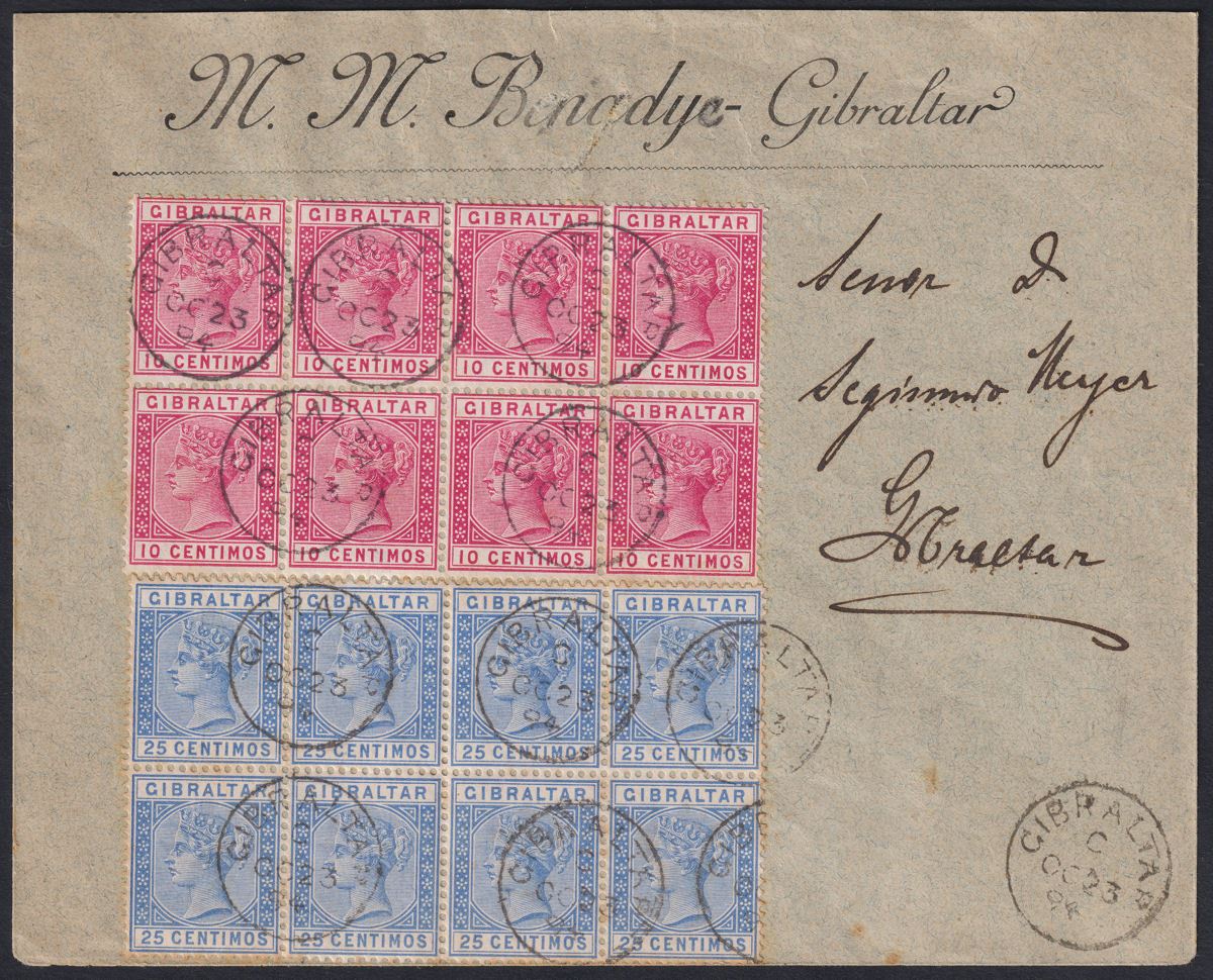 Gibraltar 1894 QV 10c + 25c Blocks of 8 Used on Local Cover SG23 SG26