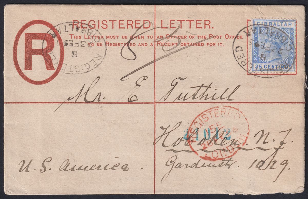 Gibraltar 1895 QV 25c Uprating 20c Registered Postal Stationery Used to USA SG26