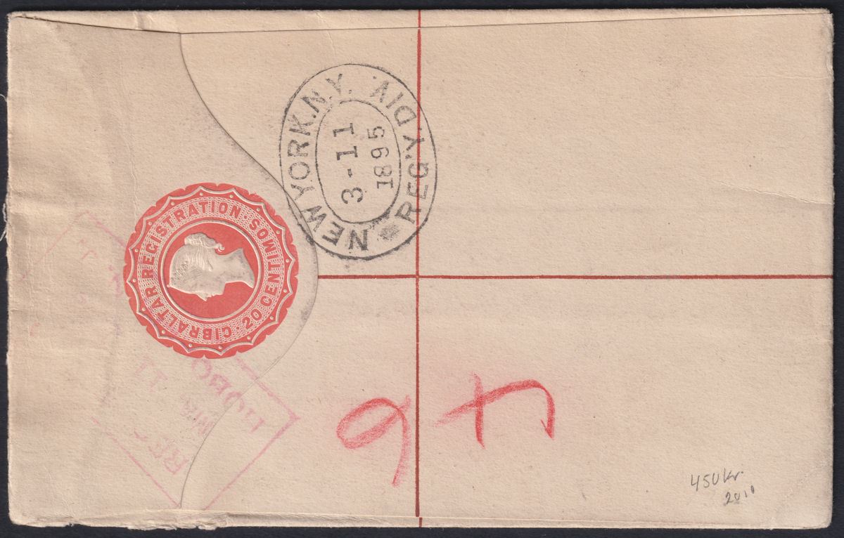 Gibraltar 1895 QV 25c Uprating 20c Registered Postal Stationery Used to USA SG26