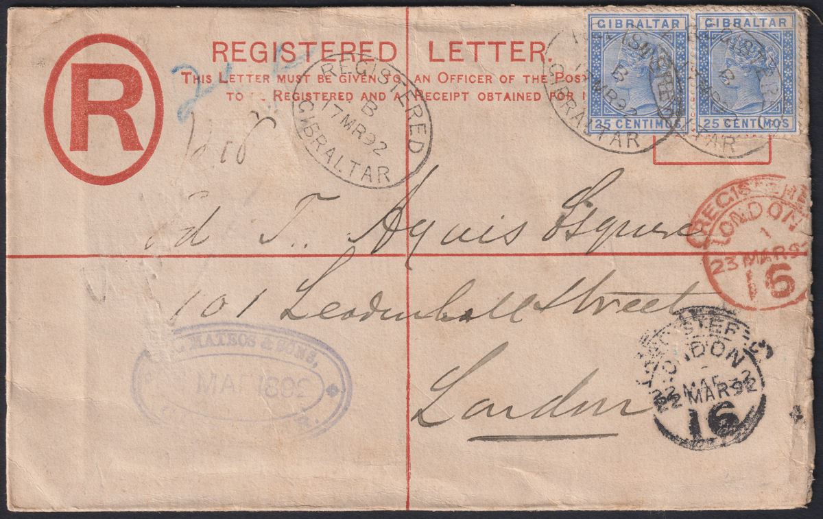 Gibraltar 1892 QV 25c Pair Uprating 20c Registered Post Stat Used to London SG26