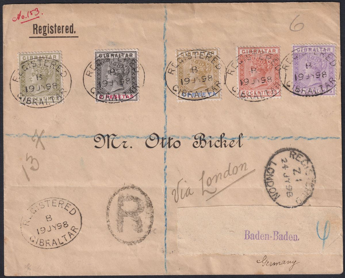 Gibraltar 1898 QV 20c + 40c + 50c + 1p + 2p Used on Cover to Germany SG31 SG32
