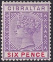 Click for more photos and details Gibraltar 1898 QV 6d Violet and Red Mint SG44 cat £50