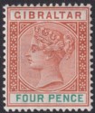 Click for more photos and details Gibraltar 1898 QV 4d Orange-Brown and Green Mint SG43 cat £22