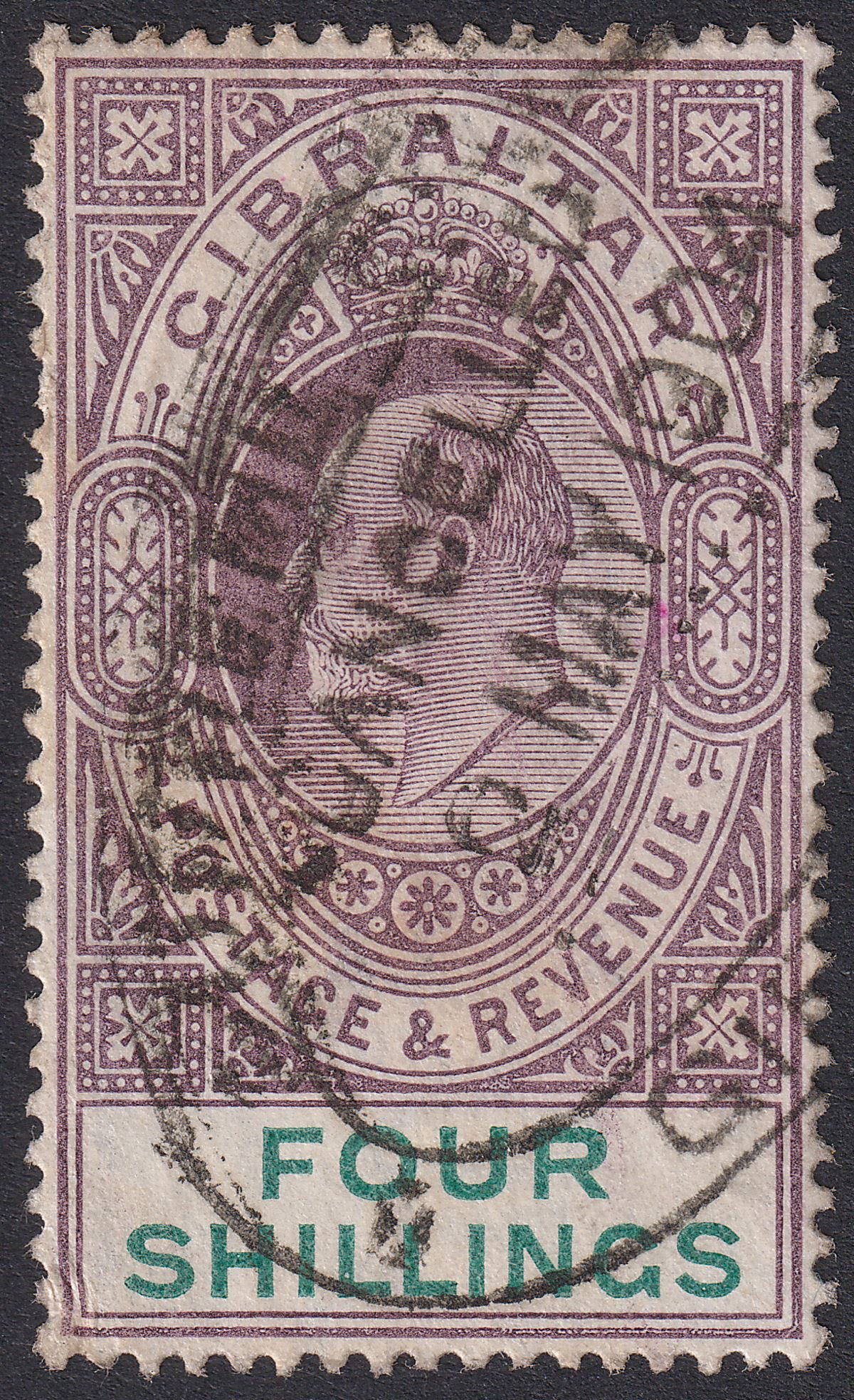 Gibraltar 1903 KEVII 4sh Dull Purple and Green Fiscally Used SG53 Court Cancel