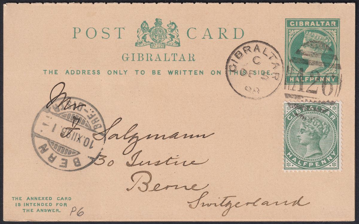 Gibraltar 1898 QV ½d Uprating ½d Postal Stationery Postcard Used SG39 to Berne