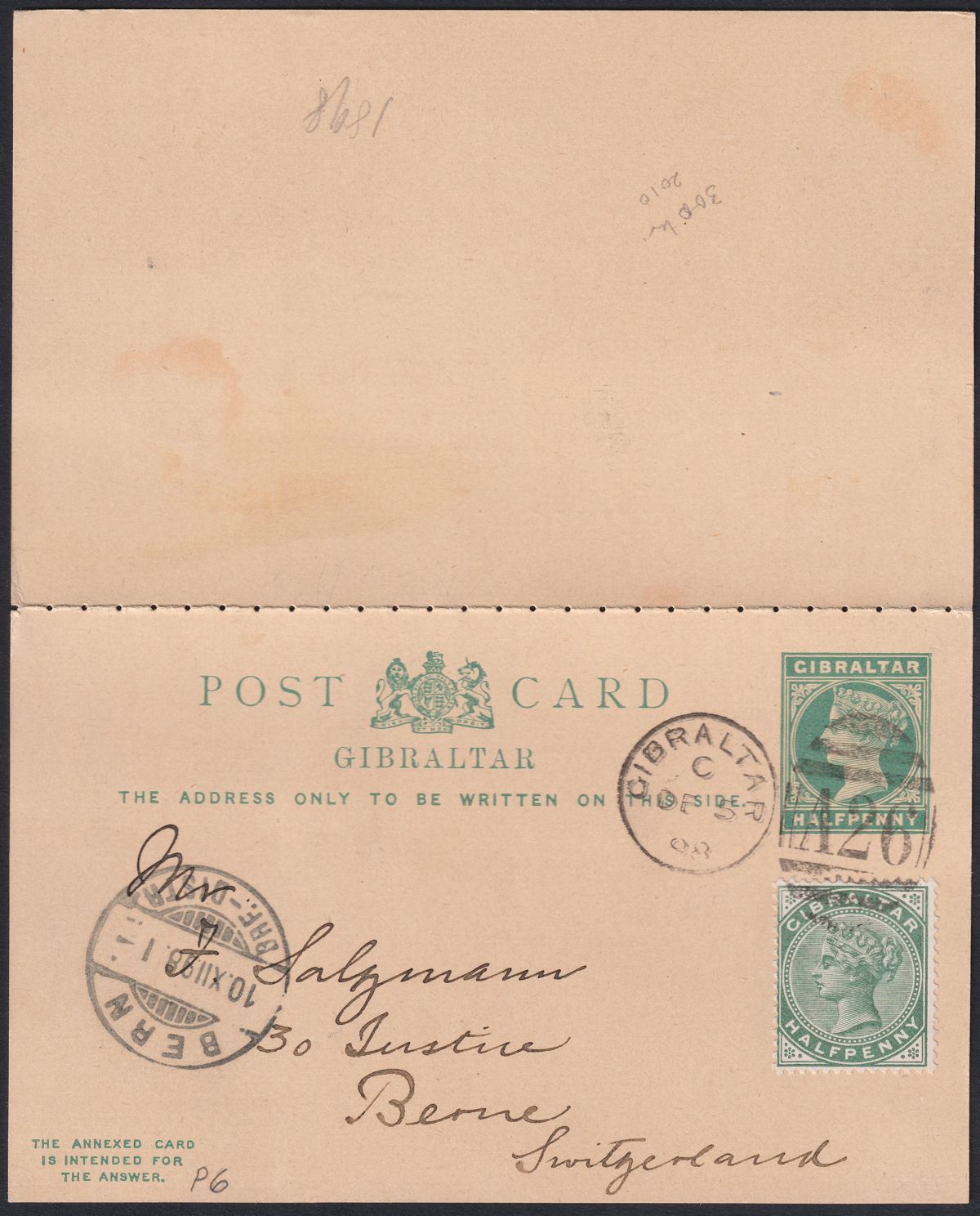 Gibraltar 1898 QV ½d Uprating ½d Postal Stationery Postcard Used SG39 to Berne