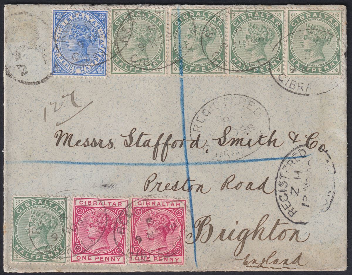 Gibraltar 1898 QV Multi Stamp Registered Cover Used to UK SG39 SG40 SG42