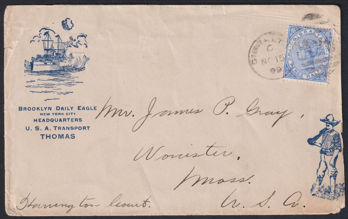 Gibraltar 1899 QV 2½d Ultramarine Used SG42 on Brooklyn Daily Eagle Cover to USA
