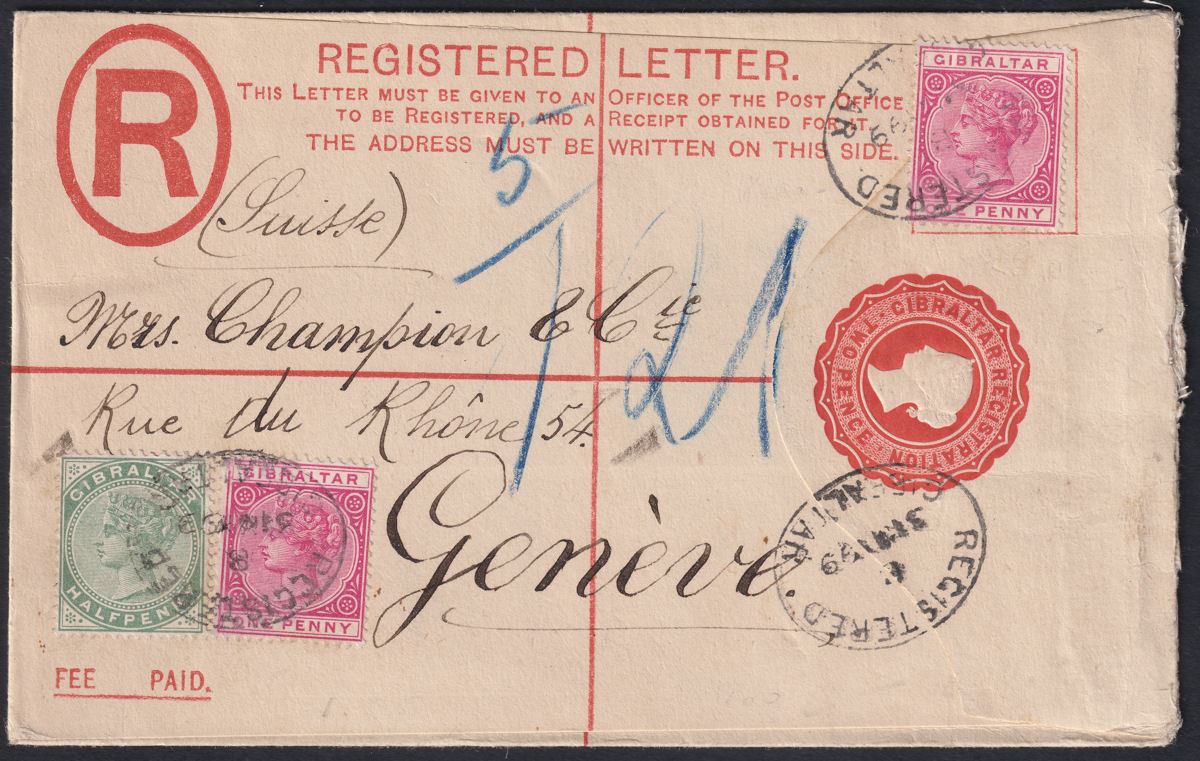 Gibraltar 1899 QV ½d + 1d x2 Uprating 2d Registered Post Stat Used - Switzerland