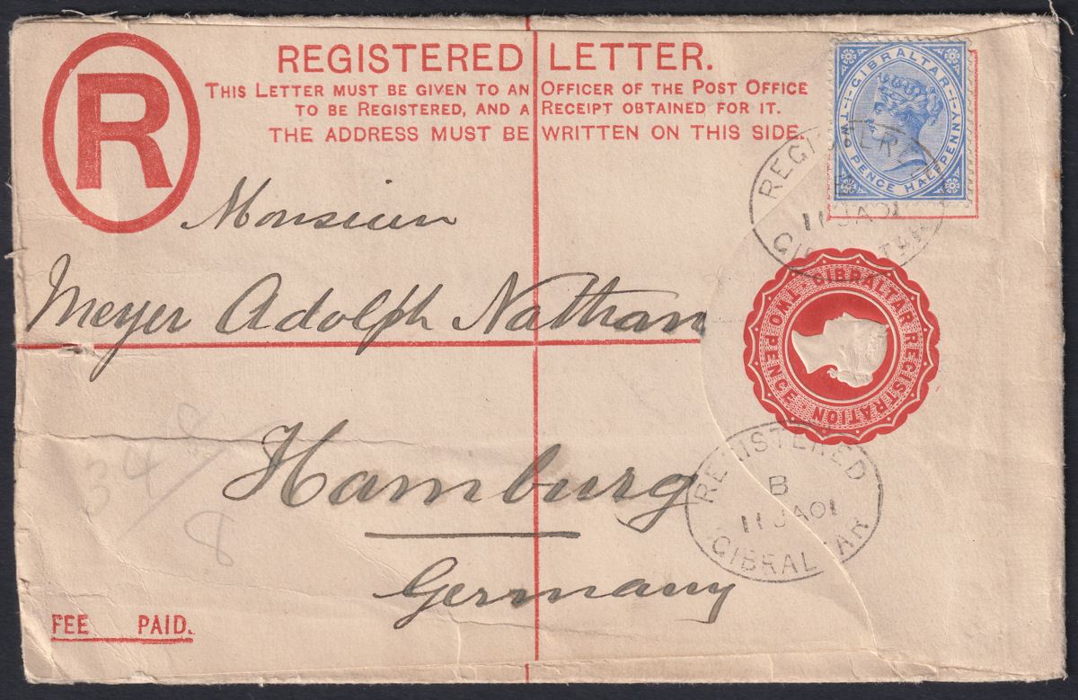 Gibraltar 1901 QV 2½d Uprating 2d Registered Post Stat Used to Germany SG42