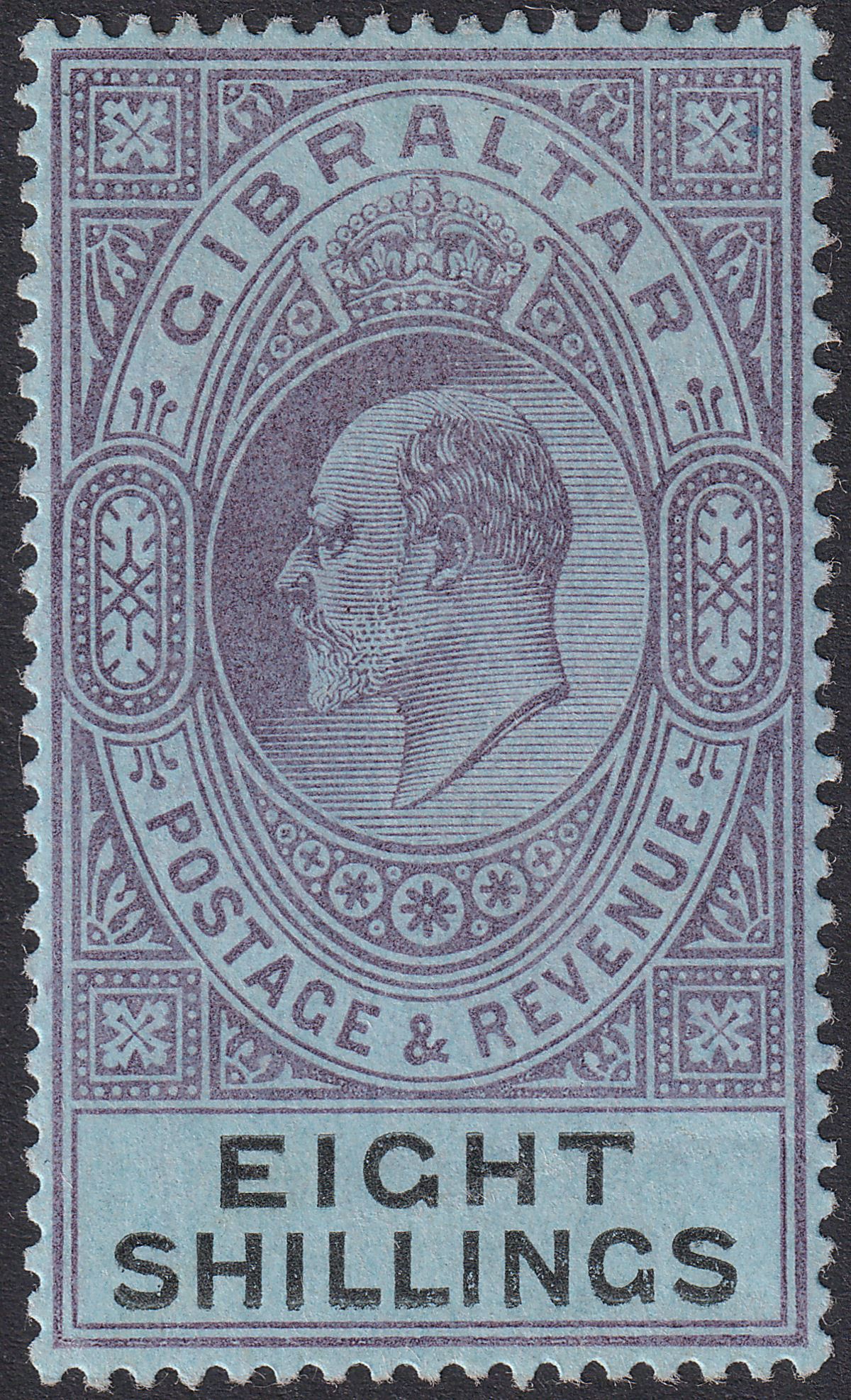 Gibraltar 1903 KEVII 8sh Dull Purple and Black on Blue Mint SG54 cat £180