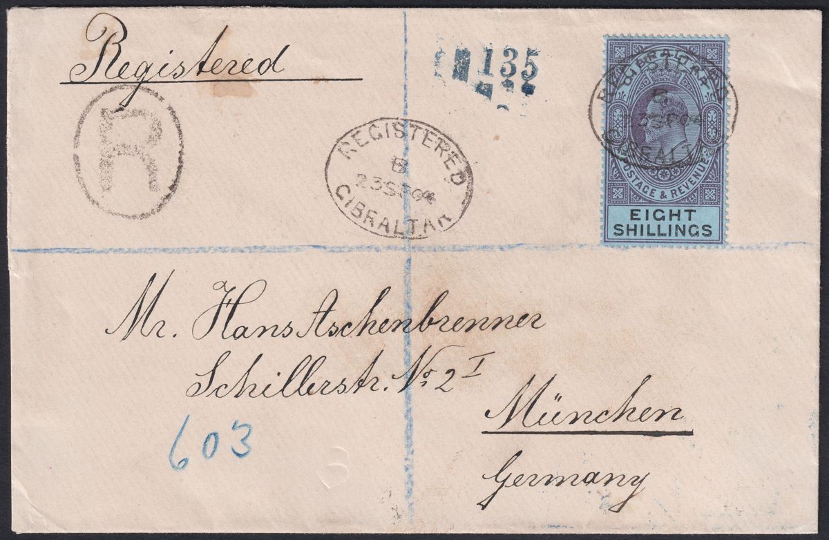 Gibraltar 1903 KEVII 8sh Dull Purple + Black on Blue Used Cover SG54 to Germany