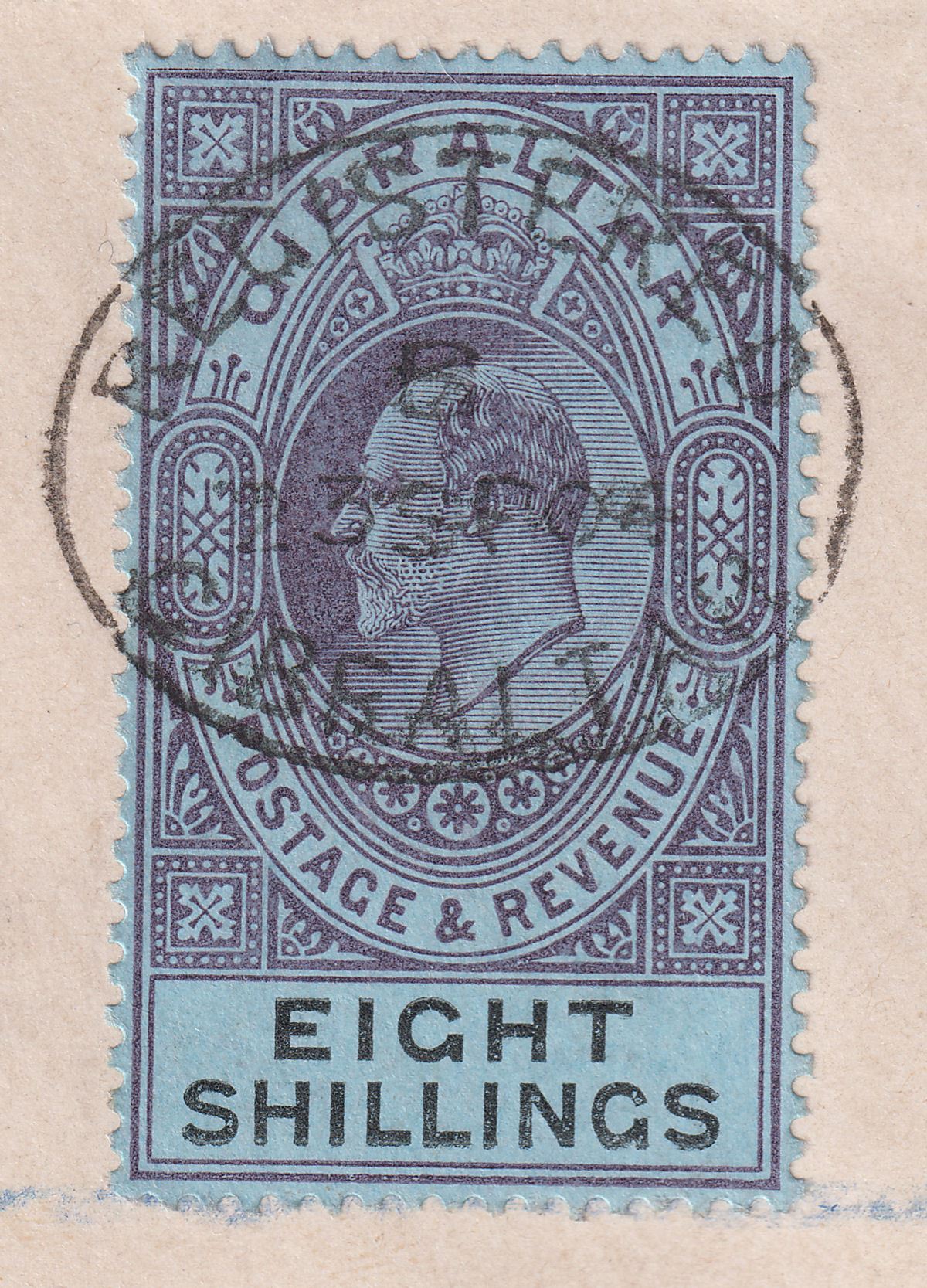 Gibraltar 1903 KEVII 8sh Dull Purple + Black on Blue Used Cover SG54 to Germany