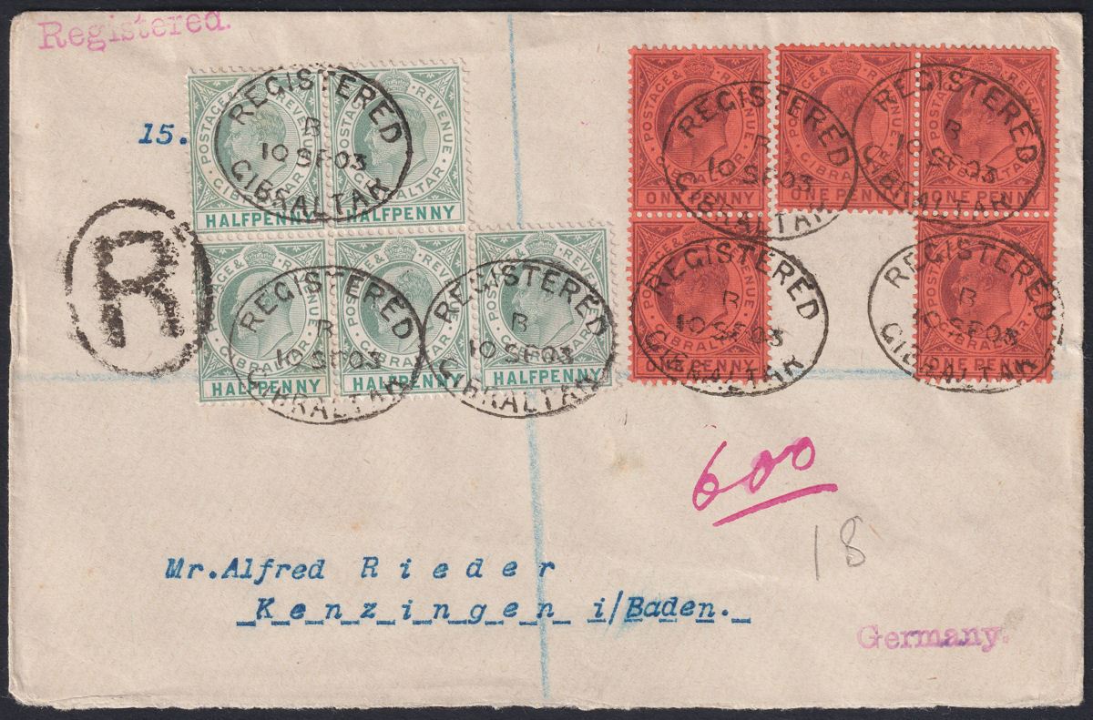 Gibraltar 1903 KEVII ½d x5 1d x5 Used on Registered Cover to Germany SG46 SG47