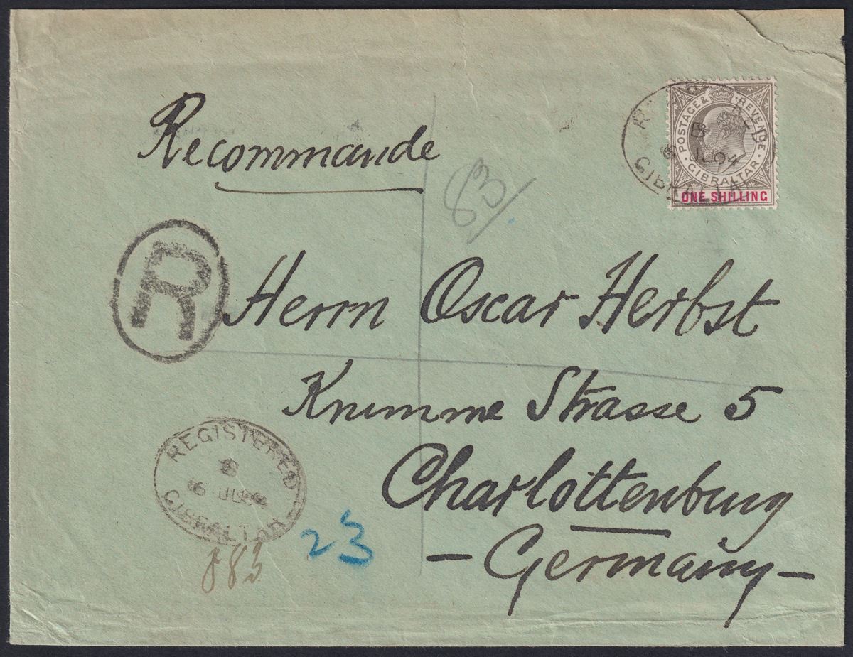 Gibraltar 1904 KEVII 1sh Black and Carmine Used Registered Cover SG51 to Germany