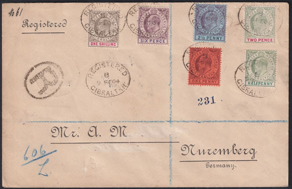 Gibraltar 1904 KEVII ½d to 1sh Used on Registered Cover to Germany SG46-51