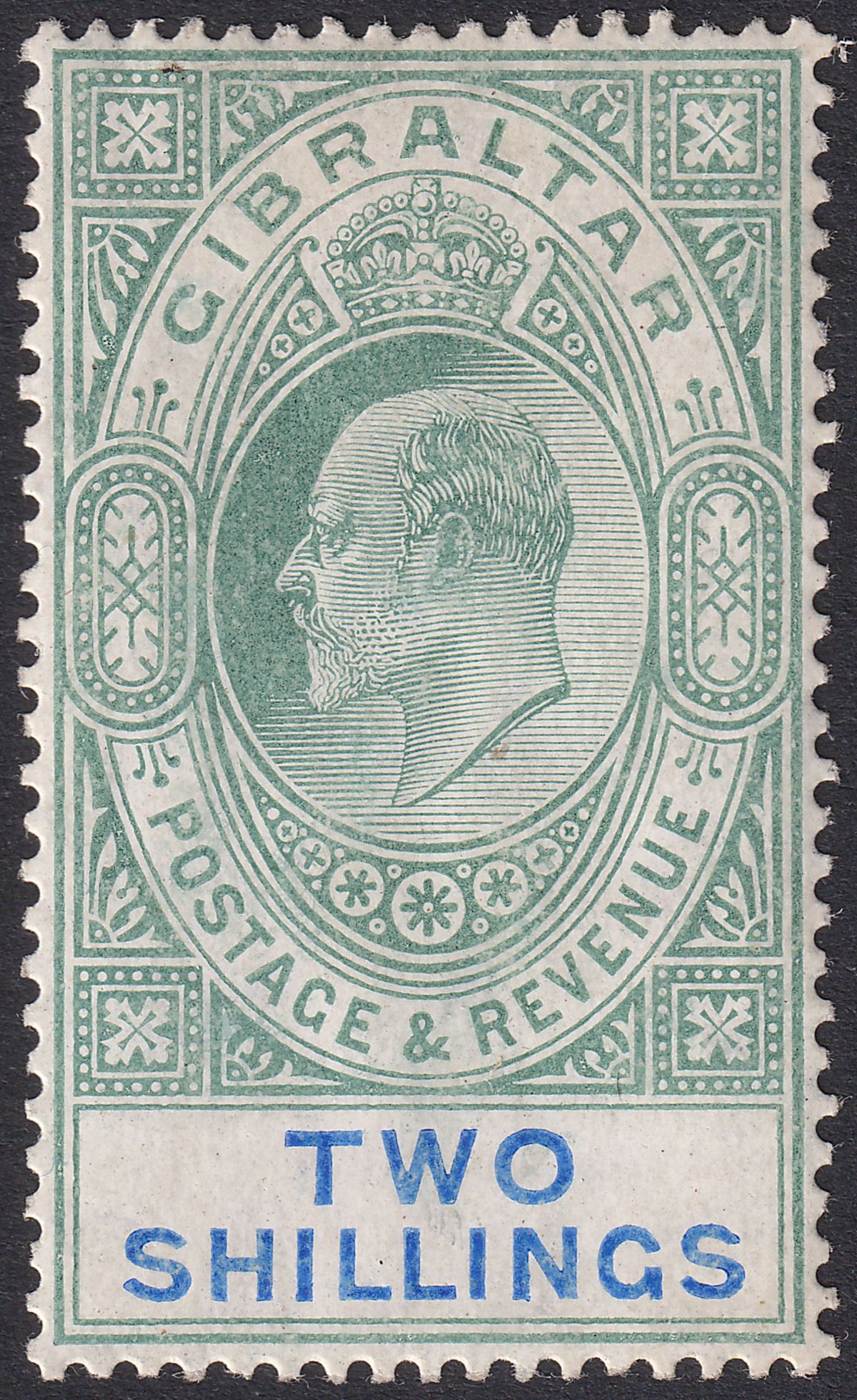 Gibraltar 1907 KEVII 2sh Green and Blue Chalky Mint SG62a cat £130